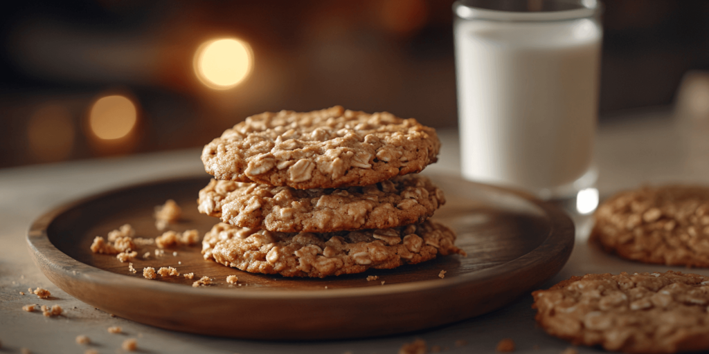 Alt Text: Stack of peanut butter oatmeal cookies beside a glass of milk