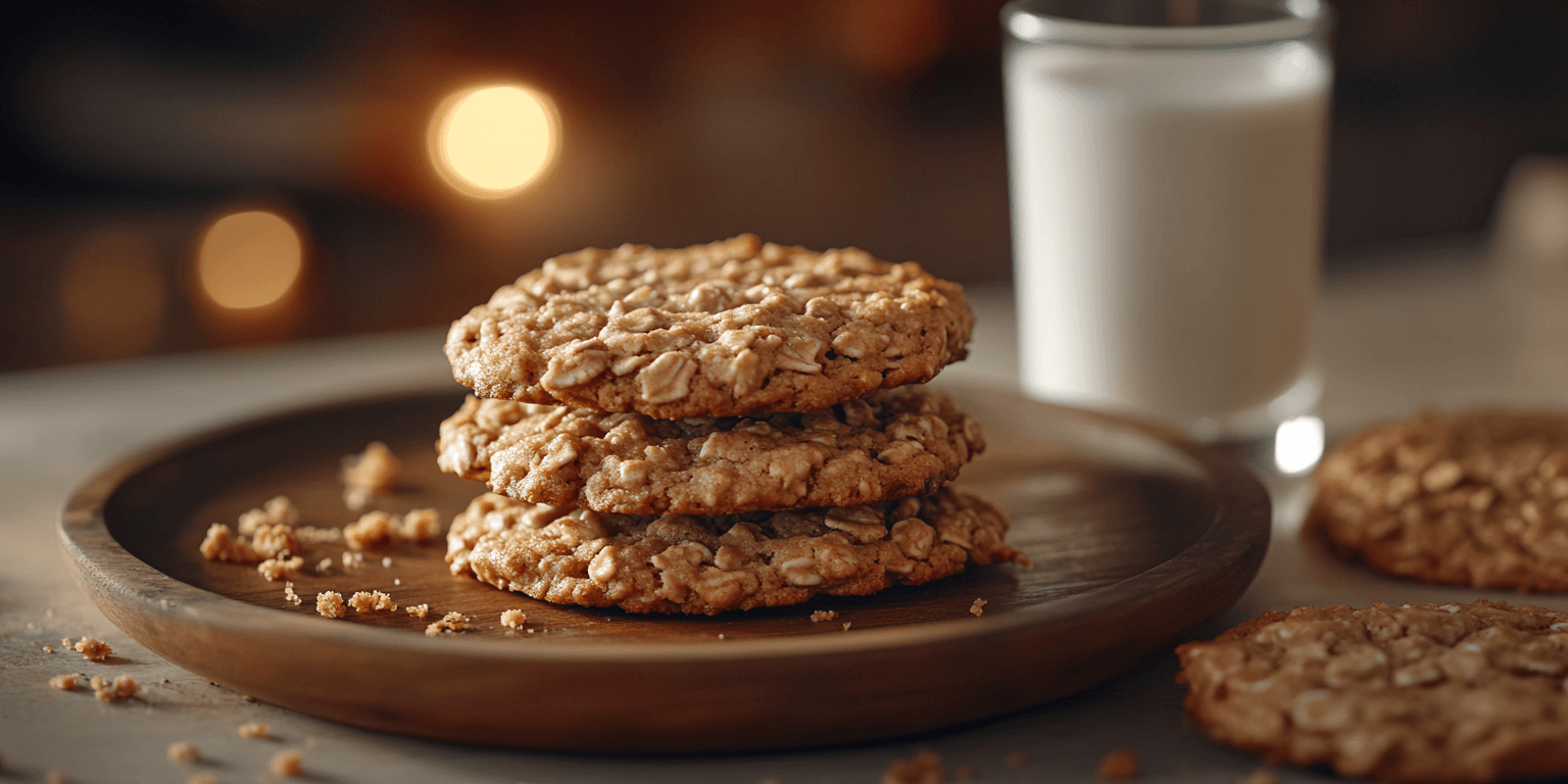 Alt Text: Stack of peanut butter oatmeal cookies beside a glass of milk
