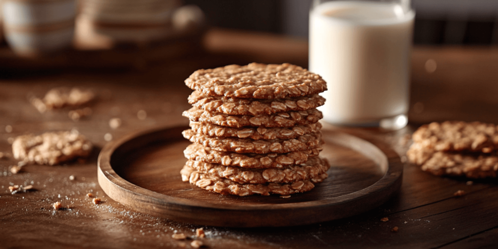 Title: Irresistible Peanut Butter Oatmeal Cookies Alt Text: Stack of peanut butter oatmeal cookies beside a glass of milk