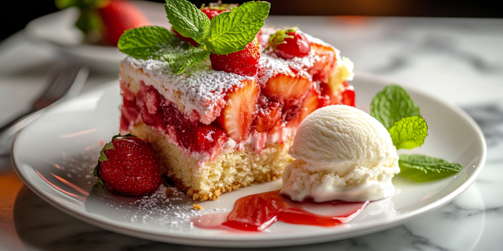 Alt Text: Slice of Strawberry Shortcake Poke Cake topped with whipped cream and fresh berries