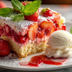 Alt Text: Slice of Strawberry Shortcake Poke Cake topped with whipped cream and fresh berries