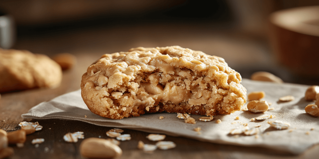 Title: Cookie Close-Up: The Chewy Inside Alt Text: Close-up of chewy peanut butter oatmeal cookie with gooey center