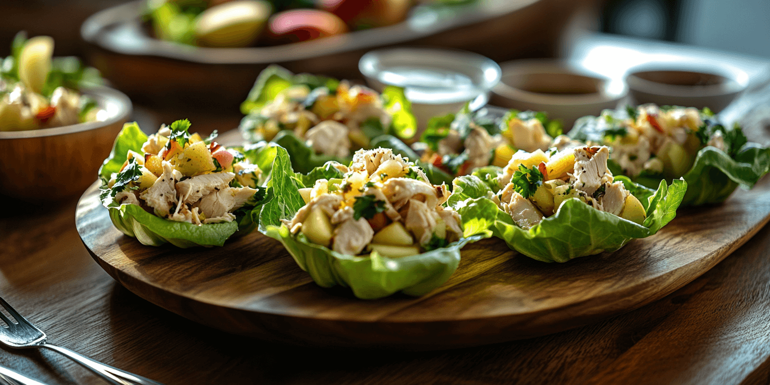 Alt Text: Chicken salad with apples served in lettuce cups